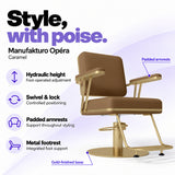 Manufakturo Opéra Caramel styling chair with foot-operated hydraulic height adjustment, swivel and locking control, padded armrests, integrated metal footrest and gold-finished circular base.
