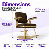 Manufakturo Opéra Cocoa Mocha styling chair dimensions: 65 cm overall width, 89–104 cm overall height, 50 cm base diameter, 49 cm seat width, 41 cm backrest width, 41 cm armrest length and 35 cm footrest width.