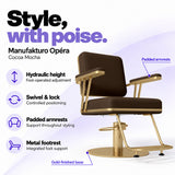 Manufakturo Opéra Cocoa Mocha styling chair with foot-operated hydraulic height adjustment, swivel and locking control, padded armrests, integrated metal footrest and gold-finished circular base.
