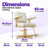 Manufakturo Opéra Creamy styling chair dimensions: 65 cm overall width, 89–104 cm overall height, 50 cm base diameter, 49 cm seat width, 41 cm backrest width, 41 cm armrest length and 35 cm footrest width.