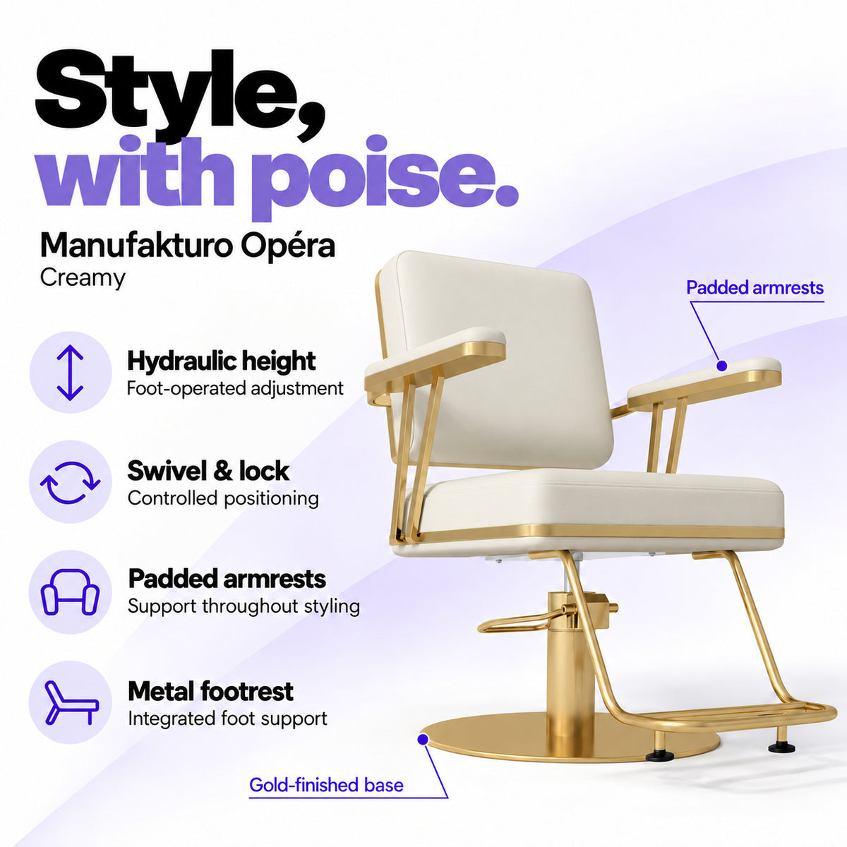Manufakturo Opéra Creamy styling chair with foot-operated hydraulic height adjustment, swivel and locking control, padded armrests, integrated metal footrest and gold-finished circular base.