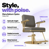 Manufakturo Opéra Deep Ash styling chair with foot-operated hydraulic height adjustment, swivel and locking control, padded armrests, integrated metal footrest and gold-finished circular base.