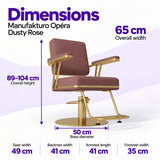 Manufakturo Opéra Dusty Rose styling chair dimensions: 65 cm overall width, 89–104 cm overall height, 50 cm base diameter, 49 cm seat width, 41 cm backrest width, 41 cm armrest length and 35 cm footrest width.