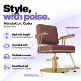 Manufakturo Opéra Dusty Rose styling chair with foot-operated hydraulic height adjustment, swivel and locking control, padded armrests, integrated metal footrest and gold-finished circular base.