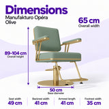 Manufakturo Opéra Olive styling chair dimensions: 65 cm overall width, 89–104 cm overall height, 50 cm base diameter, 49 cm seat width, 41 cm backrest width, 41 cm armrest length and 35 cm footrest width.