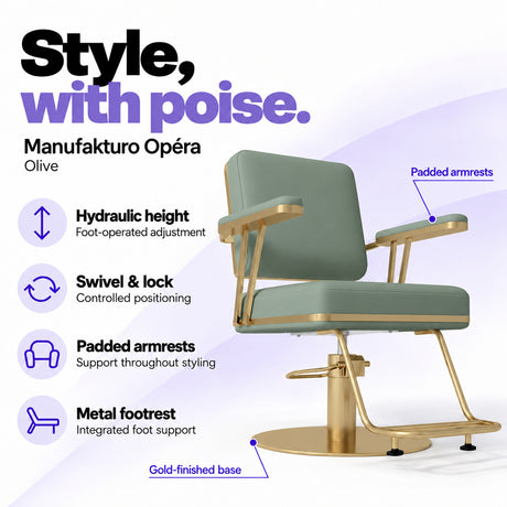 Manufakturo Opéra Olive styling chair with foot-operated hydraulic height adjustment, swivel and locking control, padded armrests, integrated metal footrest and gold-finished circular base.