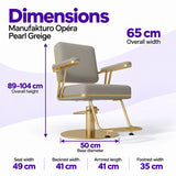 Manufakturo Opéra Pearl Greige styling chair dimensions: 65 cm overall width, 89–104 cm overall height, 50 cm base diameter, 49 cm seat width, 41 cm backrest width, 41 cm armrest length and 35 cm footrest width.