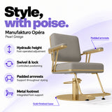 Manufakturo Opéra Pearl Greige styling chair with foot-operated hydraulic height adjustment, swivel and locking control, padded armrests, integrated metal footrest and gold-finished circular base.