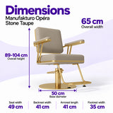 Manufakturo Opéra Stone Taupe styling chair dimensions: 65 cm overall width, 89–104 cm overall height, 50 cm base diameter, 49 cm seat width, 41 cm backrest width, 41 cm armrest length and 35 cm footrest width.