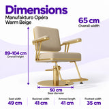 Manufakturo Opéra Warm Beige styling chair dimensions: 65 cm overall width, 89–104 cm overall height, 50 cm base diameter, 49 cm seat width, 41 cm backrest width, 41 cm armrest length and 35 cm footrest width.