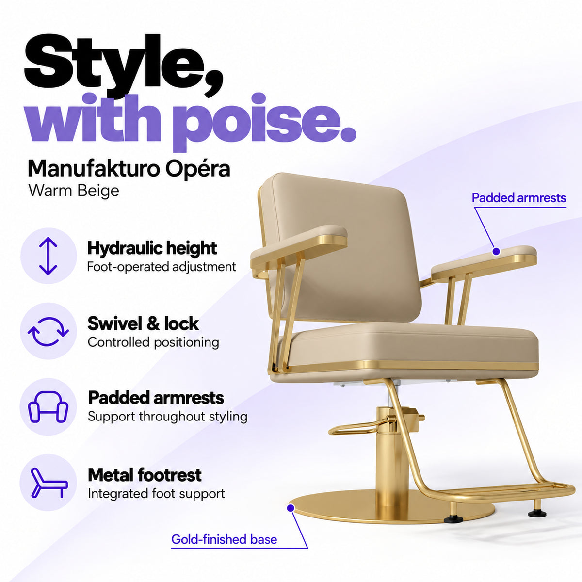 Manufakturo Opéra Warm Beige styling chair with foot-operated hydraulic height adjustment, swivel and locking control, padded armrests, integrated metal footrest and gold-finished circular base.