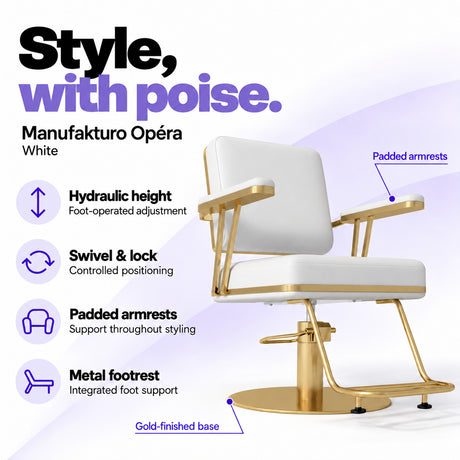 Manufakturo Opéra White styling chair with foot-operated hydraulic height adjustment, swivel and locking control, padded armrests, integrated metal footrest and gold-finished circular base.