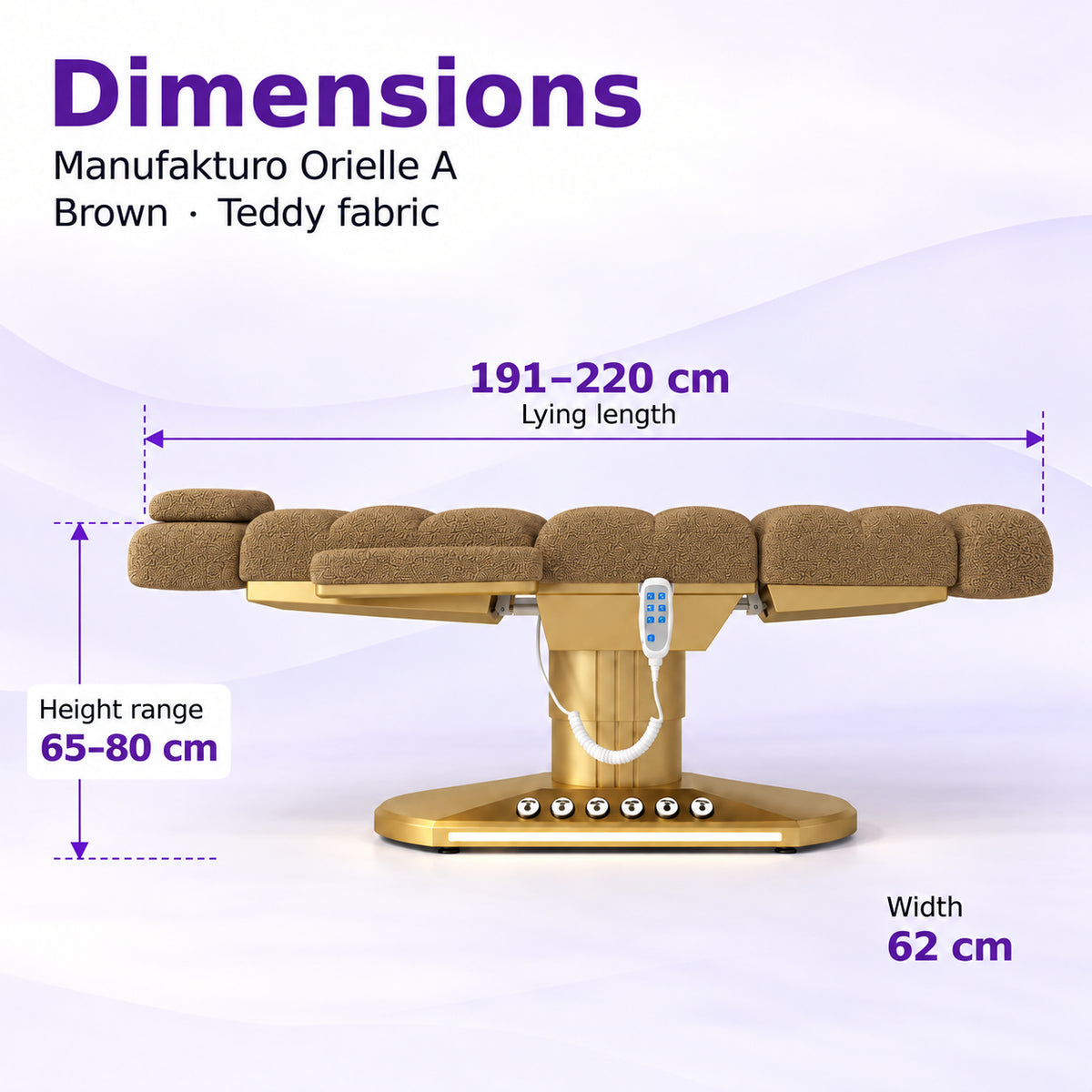 Manufakturo Orielle A Brown teddy electric beauty bed dimensions: 191–220 cm lying length, 62 cm width and adjustable height from 65 to 80 cm.