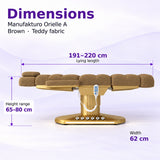 Manufakturo Orielle A Brown teddy electric beauty bed dimensions: 191–220 cm lying length, 62 cm width and adjustable height from 65 to 80 cm.
