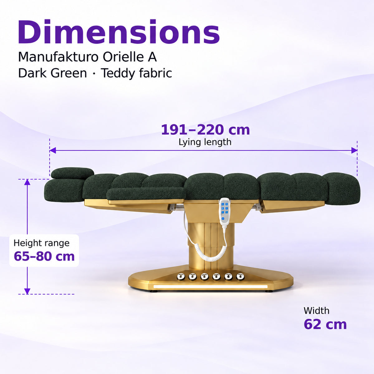 Manufakturo Orielle A Dark Green teddy electric beauty bed dimensions: 191–220 cm lying length, 62 cm width and adjustable height from 65 to 80 cm.