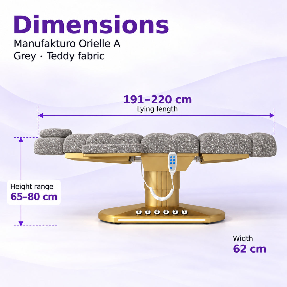Manufakturo Orielle A Grey teddy electric beauty bed dimensions: 191–220 cm lying length, 62 cm width and adjustable height from 65 to 80 cm.