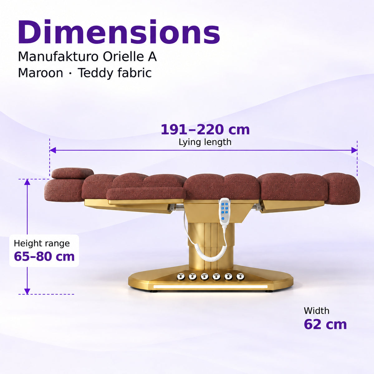 Manufakturo Orielle A Maroon teddy electric beauty bed dimensions: 191–220 cm lying length, 62 cm width and adjustable height from 65 to 80 cm.