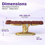 Manufakturo Orielle A Maroon teddy electric beauty bed dimensions: 191–220 cm lying length, 62 cm width and adjustable height from 65 to 80 cm.