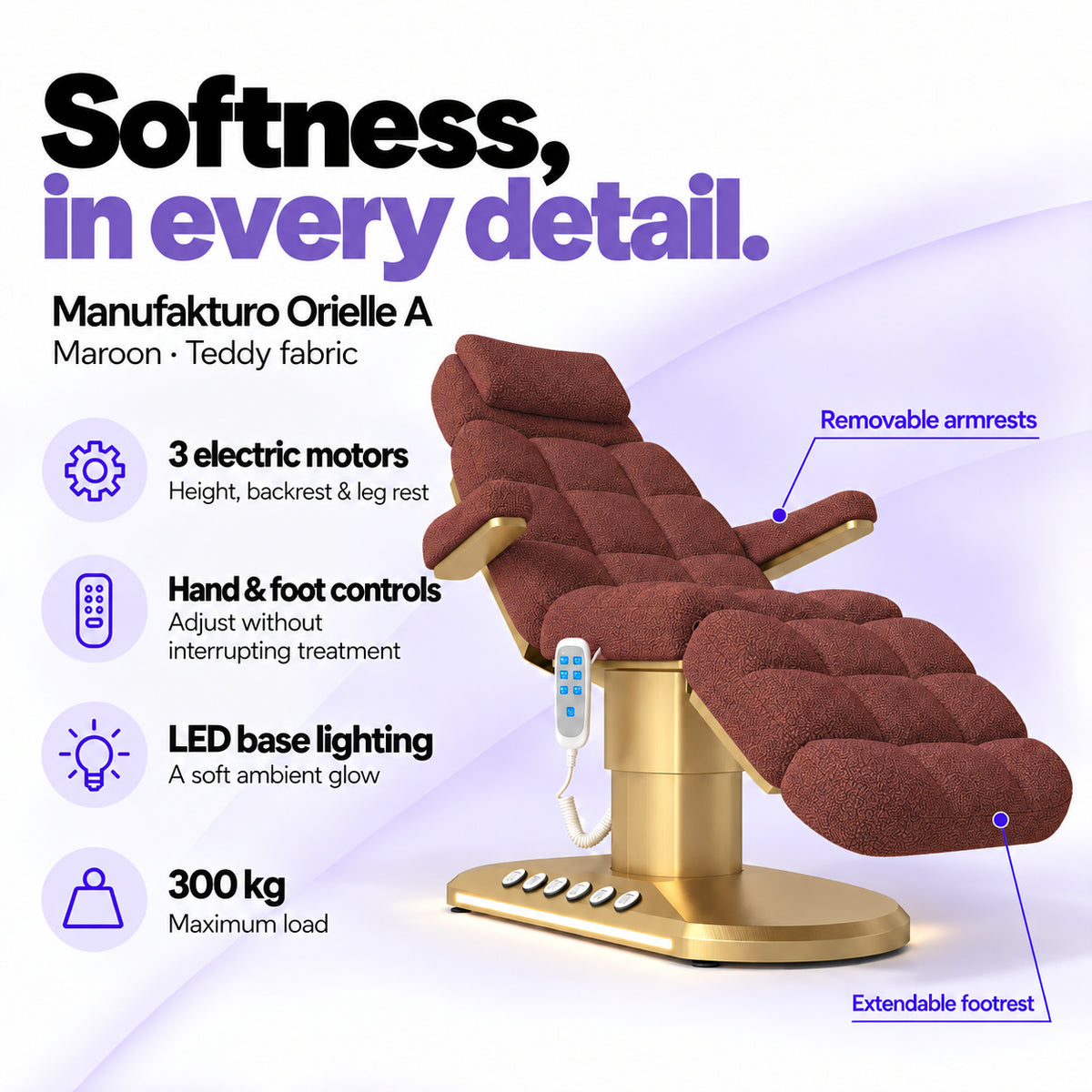 Manufakturo Orielle A Maroon teddy electric beauty bed features: 3 motors, hand and foot controls, LED base lighting, 300 kg maximum load, removable armrests and extendable footrest.
