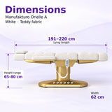 Manufakturo Orielle A White teddy electric beauty bed dimensions: 191–220 cm lying length, 62 cm width and adjustable height from 65 to 80 cm.