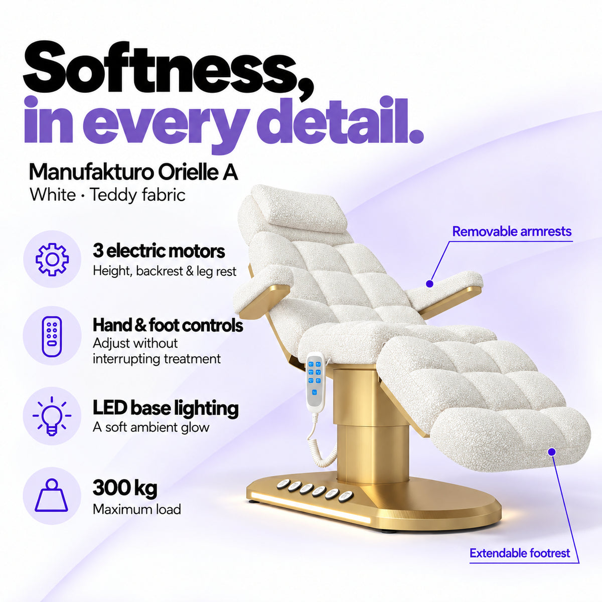 Manufakturo Orielle A White teddy electric beauty bed features: 3 motors, hand and foot controls, LED base lighting, 300 kg maximum load, removable armrests and extendable footrest.