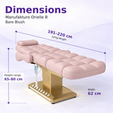 Manufakturo Orielle B Bare Blush electric beauty bed dimensions: 191–220 cm lying length, 62 cm width and adjustable height from 65 to 80 cm.