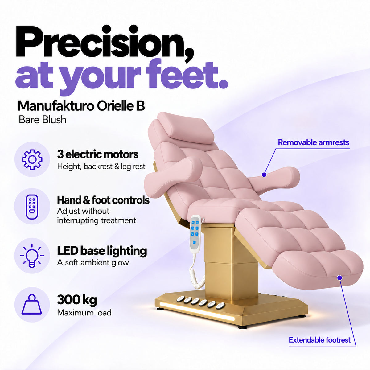 Manufakturo Orielle B Bare Blush electric beauty bed features: 3 motors, hand and foot controls, LED base lighting, 300 kg maximum load, removable armrests and extendable footrest.