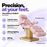 Manufakturo Orielle B Bare Blush electric beauty bed features: 3 motors, hand and foot controls, LED base lighting, 300 kg maximum load, removable armrests and extendable footrest.