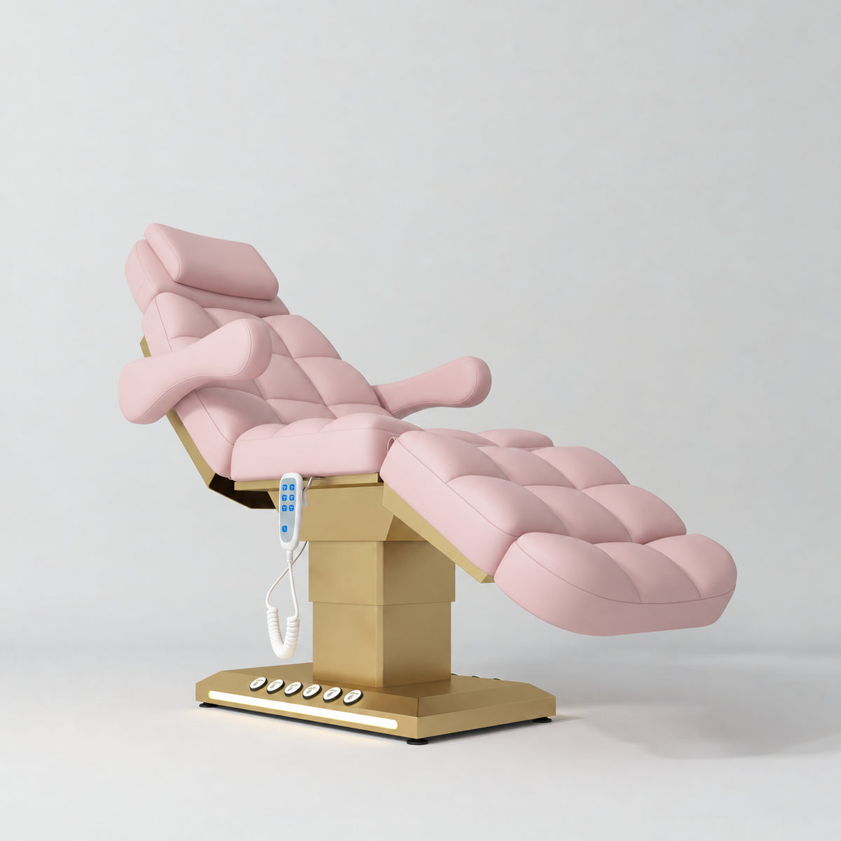 Manufakturo Orielle B Bare Blush electric beauty bed with gold base and current hand-held controller.