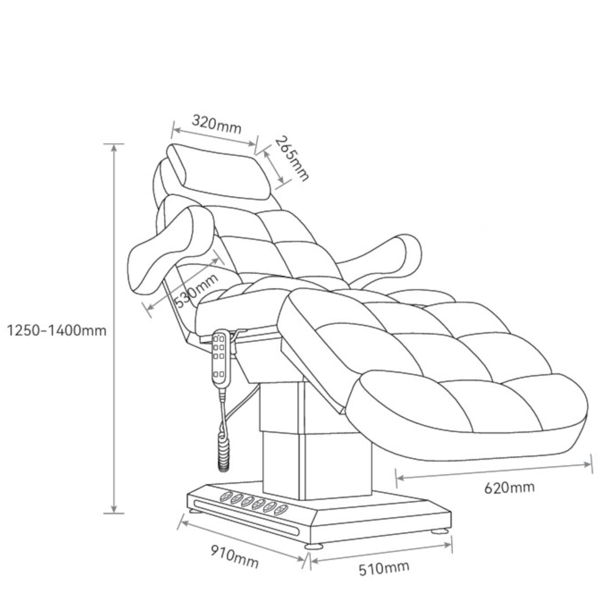 Manufakturo Orielle B Luxury Electric Beauty Bed - Hand & Foot Controls Cocoa Mocha - dimensions and measurements shown