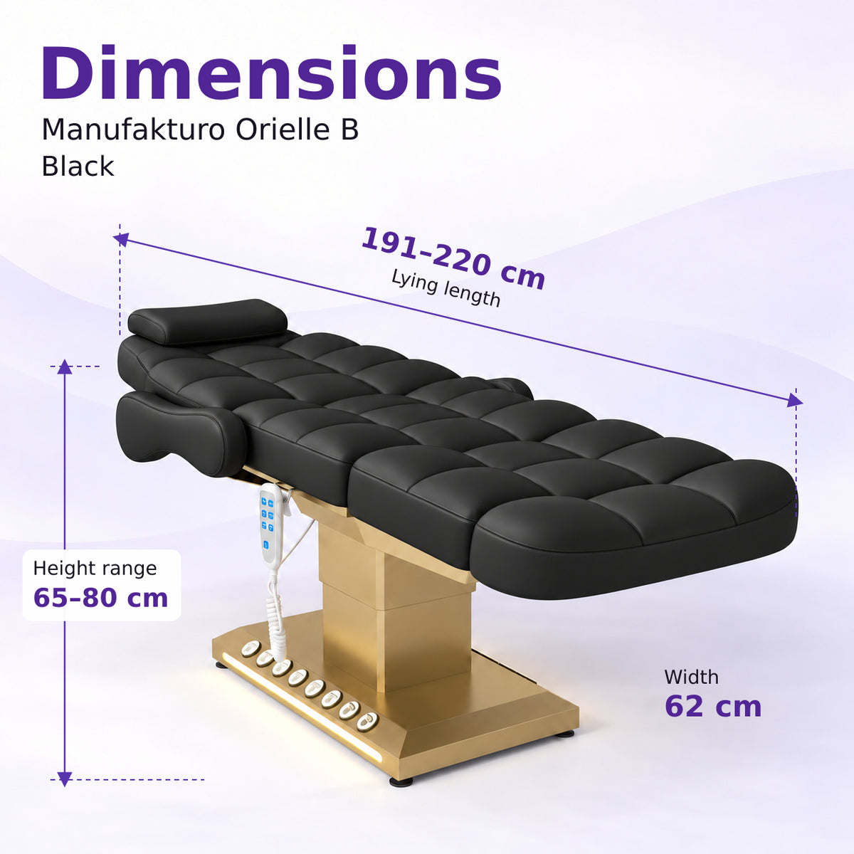 Manufakturo Orielle B Black electric beauty bed dimensions: 191–220 cm lying length, 62 cm width and adjustable height from 65 to 80 cm.