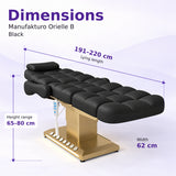 Manufakturo Orielle B Black electric beauty bed dimensions: 191–220 cm lying length, 62 cm width and adjustable height from 65 to 80 cm.