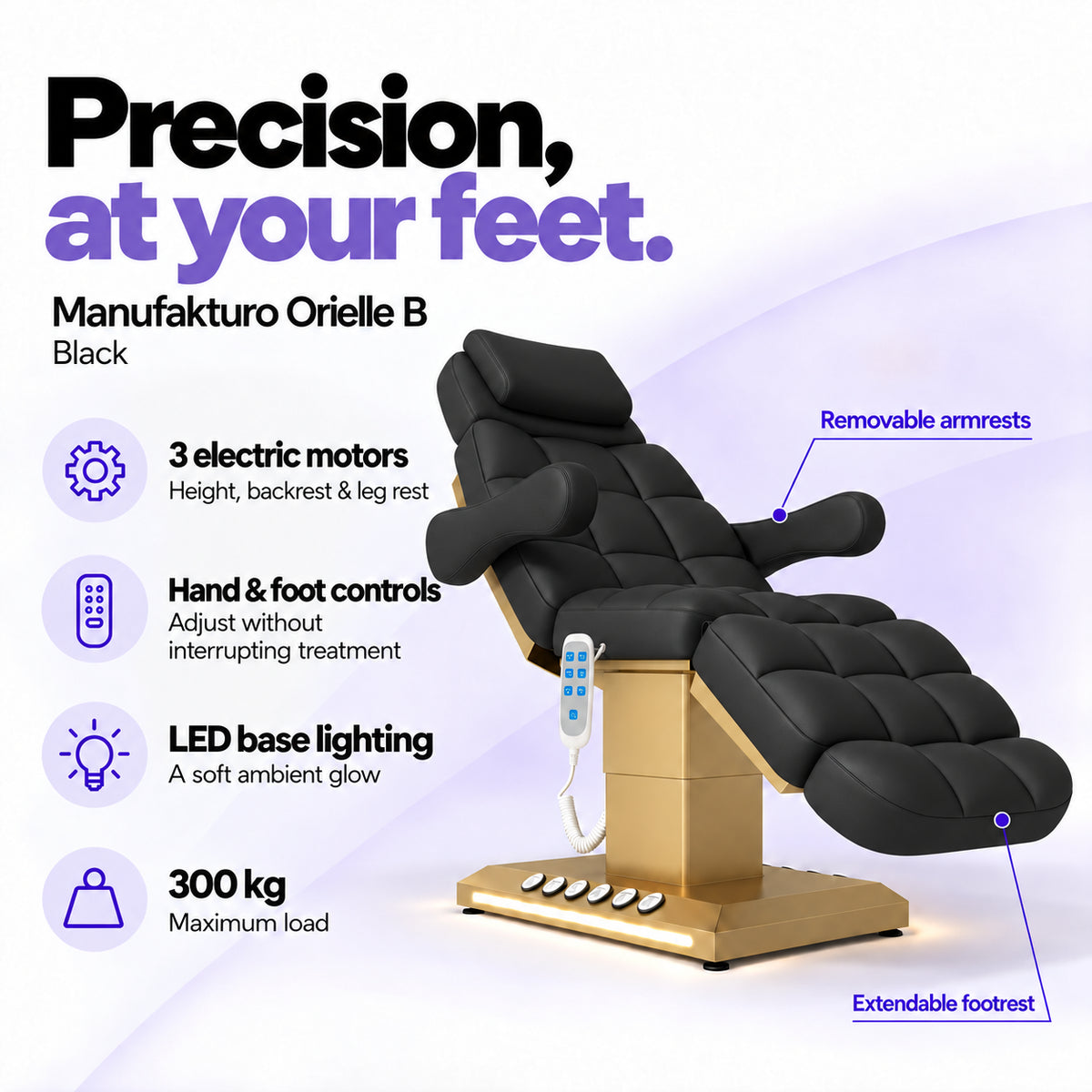 Manufakturo Orielle B Black electric beauty bed features: 3 motors, hand and foot controls, LED base lighting, 300 kg maximum load, removable armrests and extendable footrest.