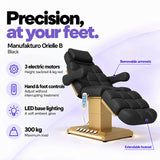 Manufakturo Orielle B Black electric beauty bed features: 3 motors, hand and foot controls, LED base lighting, 300 kg maximum load, removable armrests and extendable footrest.