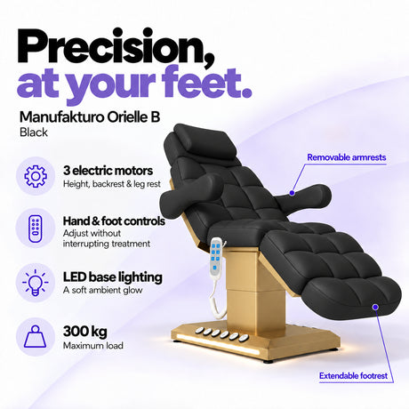 Manufakturo Orielle B Black electric beauty bed features: 3 motors, hand and foot controls, LED base lighting, 300 kg maximum load, removable armrests and extendable footrest.