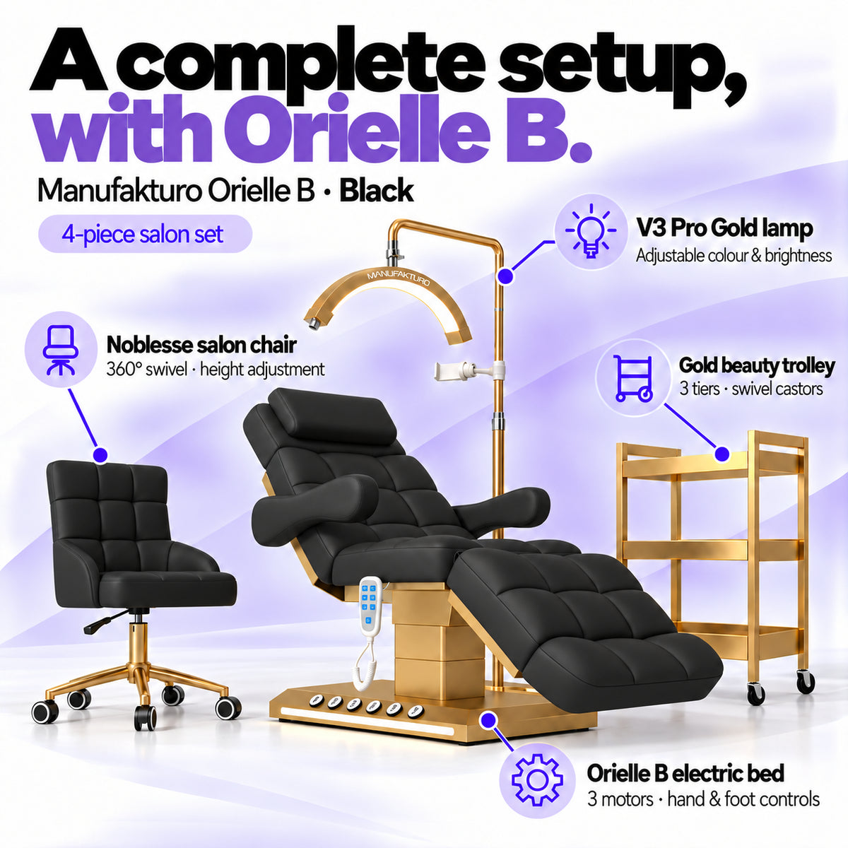 Manufakturo Orielle B Black four-piece salon set features: electric bed with three motors and hand and foot controls, height-adjustable Noblesse swivel chair, V3 Pro Gold lamp and three-tier gold trolley.