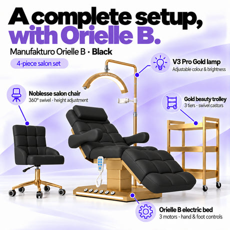 Manufakturo Orielle B Black four-piece salon set features: electric bed with three motors and hand and foot controls, height-adjustable Noblesse swivel chair, V3 Pro Gold lamp and three-tier gold trolley.