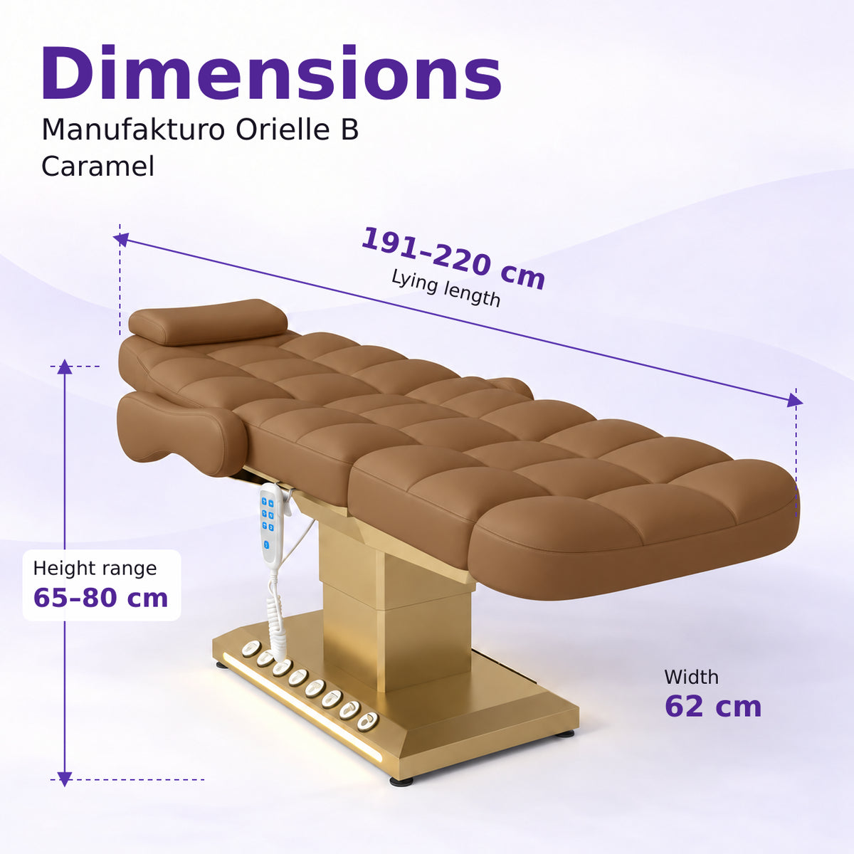 Manufakturo Orielle B Caramel electric beauty bed dimensions: 191–220 cm lying length, 62 cm width and adjustable height from 65 to 80 cm.