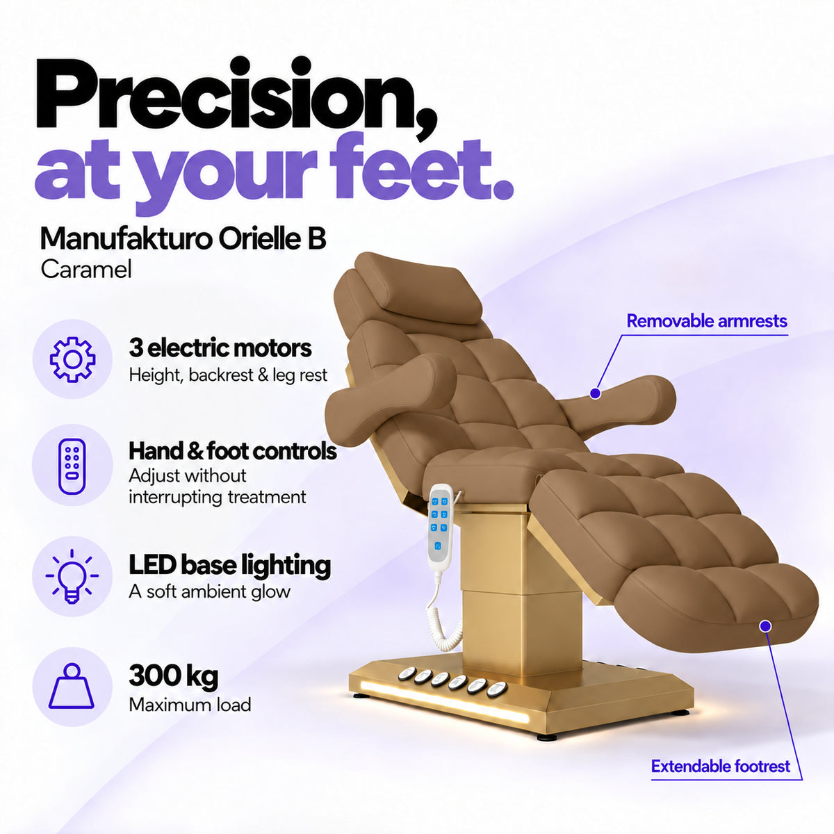 Manufakturo Orielle B Caramel electric beauty bed features: 3 motors, hand and foot controls, LED base lighting, 300 kg maximum load, removable armrests and extendable footrest.