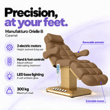 Manufakturo Orielle B Caramel electric beauty bed features: 3 motors, hand and foot controls, LED base lighting, 300 kg maximum load, removable armrests and extendable footrest.