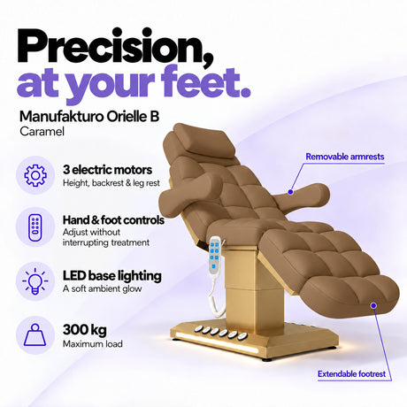 Manufakturo Orielle B Caramel electric beauty bed features: 3 motors, hand and foot controls, LED base lighting, 300 kg maximum load, removable armrests and extendable footrest.