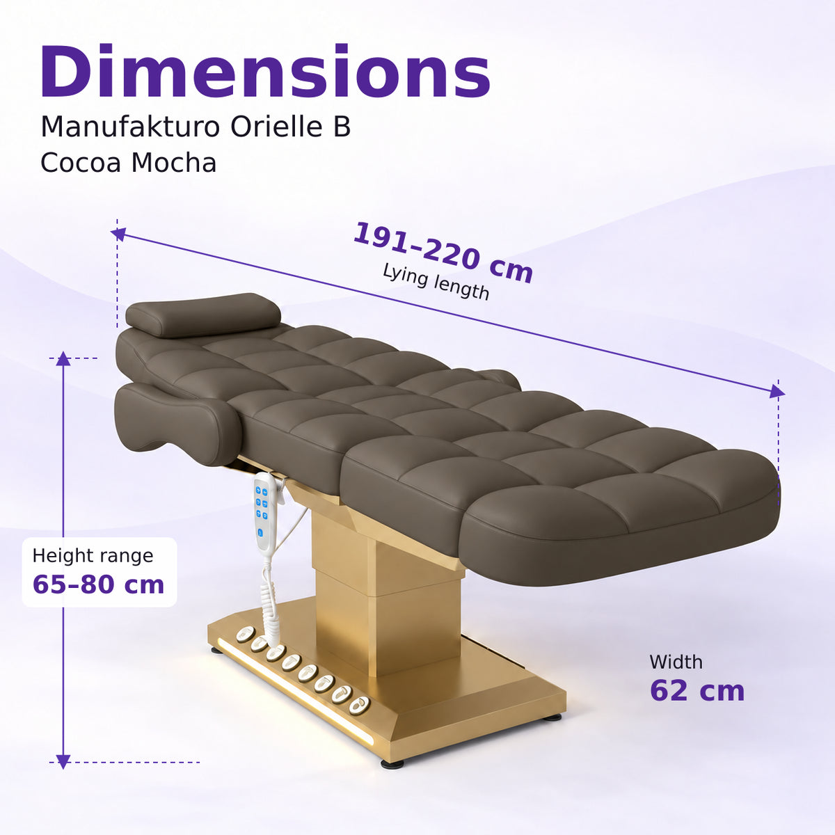 Manufakturo Orielle B Cocoa Mocha electric beauty bed dimensions: 191–220 cm lying length, 62 cm width and adjustable height from 65 to 80 cm.