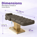 Manufakturo Orielle B Cocoa Mocha electric beauty bed dimensions: 191–220 cm lying length, 62 cm width and adjustable height from 65 to 80 cm.