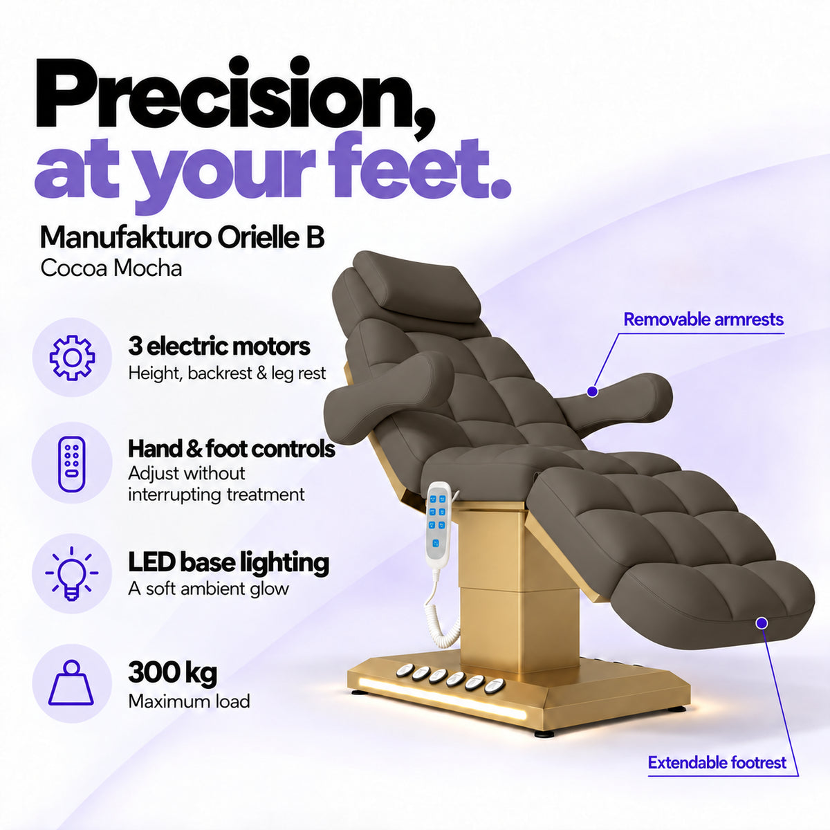 Manufakturo Orielle B Cocoa Mocha electric beauty bed features: 3 motors, hand and foot controls, LED base lighting, 300 kg maximum load, removable armrests and extendable footrest.