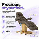 Manufakturo Orielle B Cocoa Mocha electric beauty bed features: 3 motors, hand and foot controls, LED base lighting, 300 kg maximum load, removable armrests and extendable footrest.