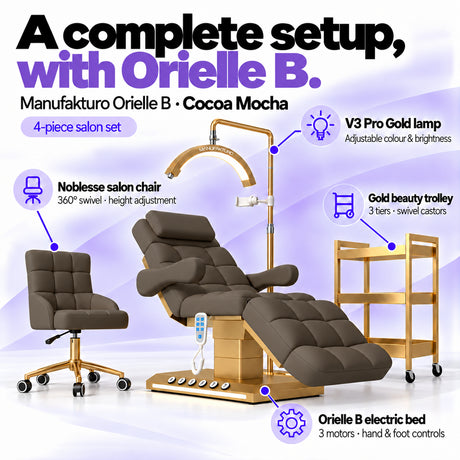 Manufakturo Orielle B Cocoa Mocha four-piece salon set features: electric bed with three motors and hand and foot controls, height-adjustable Noblesse swivel chair, V3 Pro Gold lamp and three-tier gold trolley.