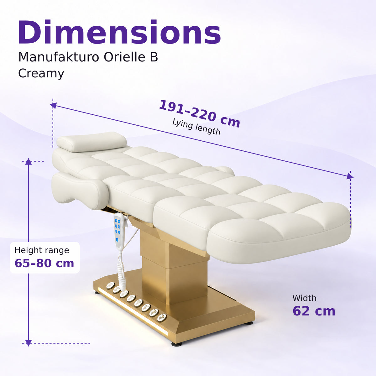 Manufakturo Orielle B Creamy electric beauty bed dimensions: 191–220 cm lying length, 62 cm width and adjustable height from 65 to 80 cm.