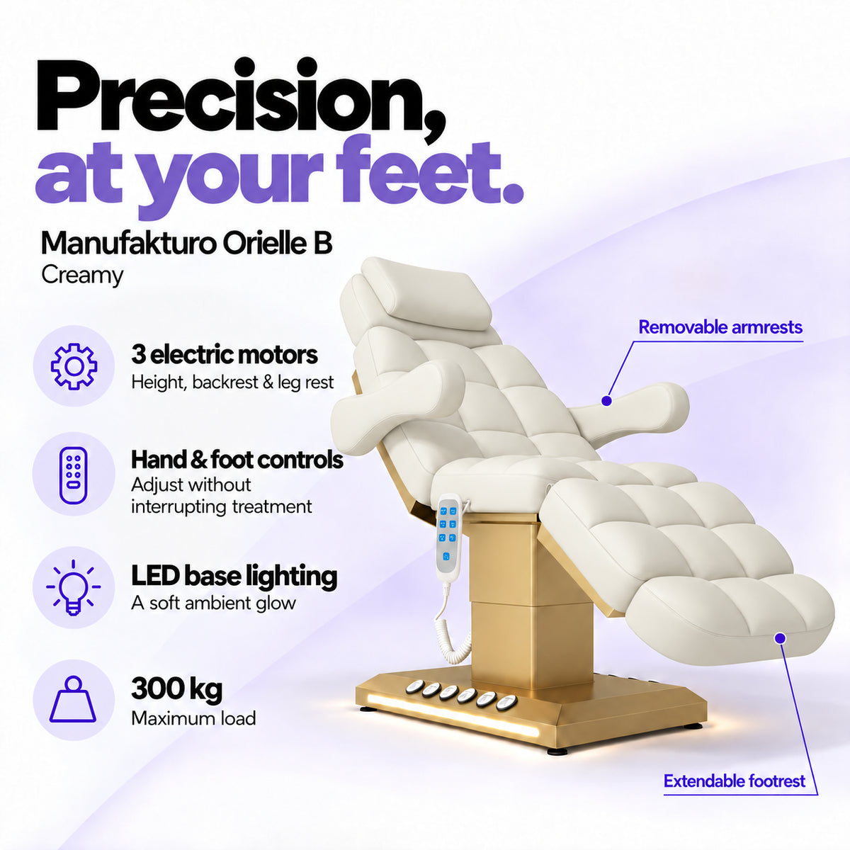 Manufakturo Orielle B Creamy electric beauty bed features: 3 motors, hand and foot controls, LED base lighting, 300 kg maximum load, removable armrests and extendable footrest.