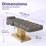 Manufakturo Orielle B Deep Ash electric beauty bed dimensions: 191–220 cm lying length, 62 cm width and adjustable height from 65 to 80 cm.
