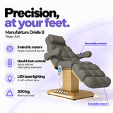 Manufakturo Orielle B Deep Ash electric beauty bed features: 3 motors, hand and foot controls, LED base lighting, 300 kg maximum load, removable armrests and extendable footrest.